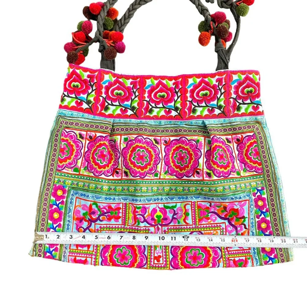 Boho Embroidery Multi-Color Flowers Weekender Hobo Tote Pom-Poms Inside Zip #02 - Picture 3 of 15